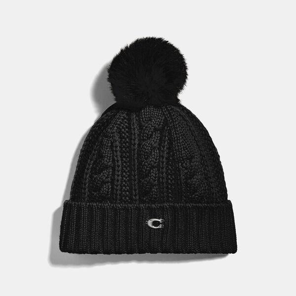 Knit Hat With Shearling Pom Pom