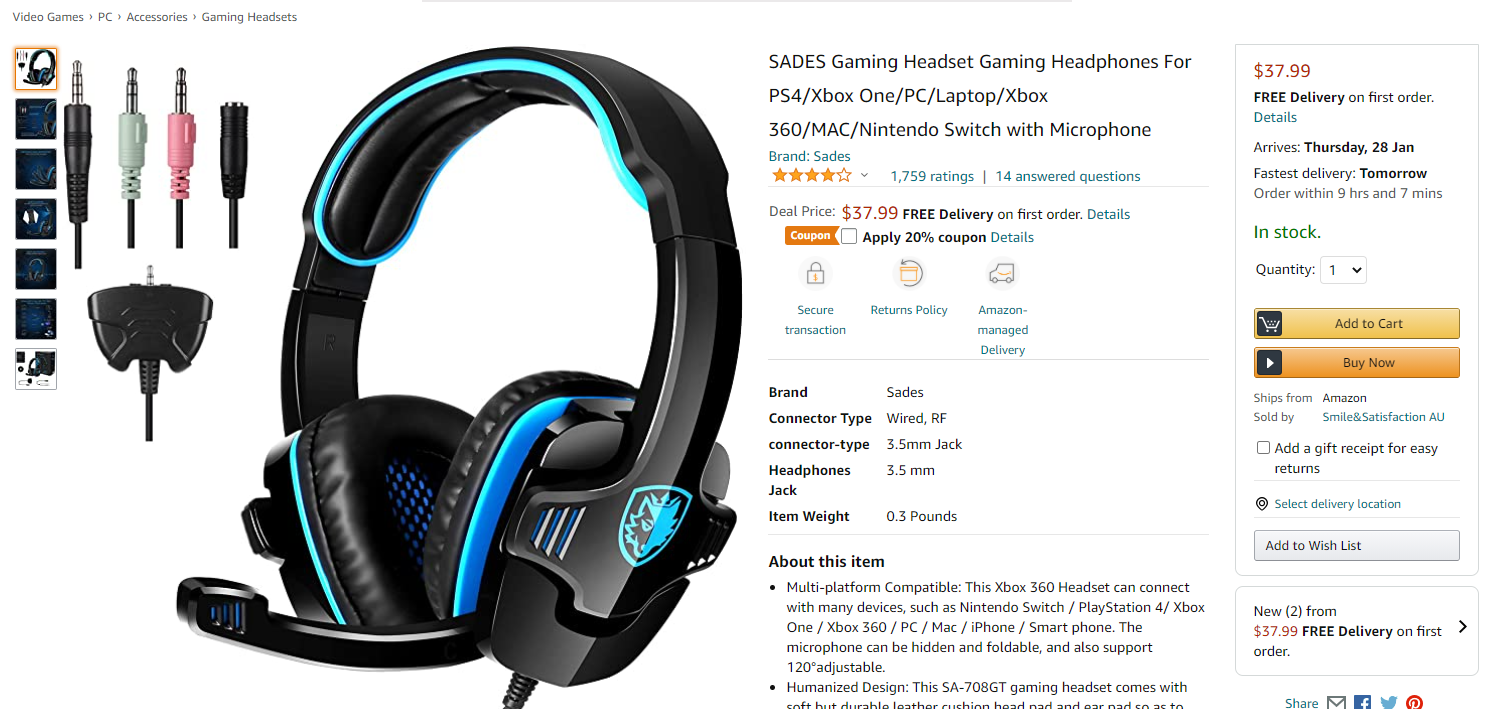 [AMAZON PRIME] SADES Gaming Headset Gaming Headphones For PS4/Xbox One/PC/Laptop/Xbox 360/MAC/Nintendo Switch with Microphone