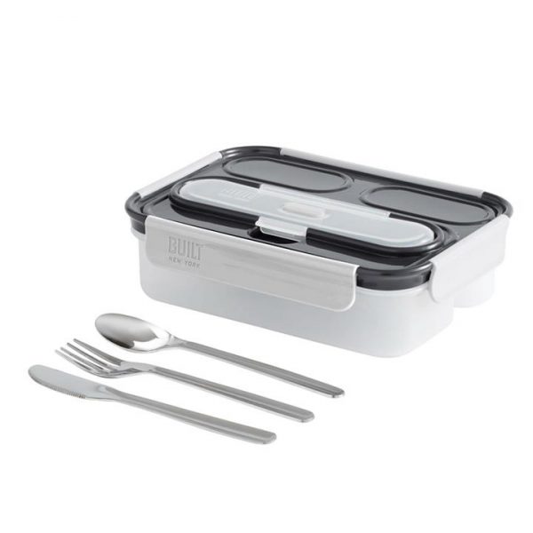 Kitchen Style - Built NY Gourmet 3 Compartment Bento with Stainless Steel Utensils - 5 pc Set - Kitchen Supplies