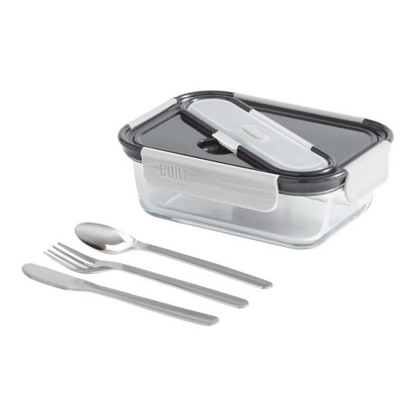 Kitchen Style - Built NY Gourmet 900ml Glass Bento with Stainless Steel Utensils - 5 pc Set - Kitchen Supplies