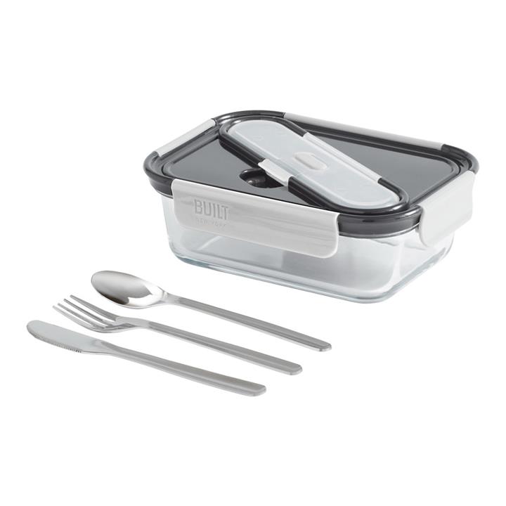 Built NY Gourmet 900ml Glass Bento with Stainless Steel Utensils – 5 pc Set