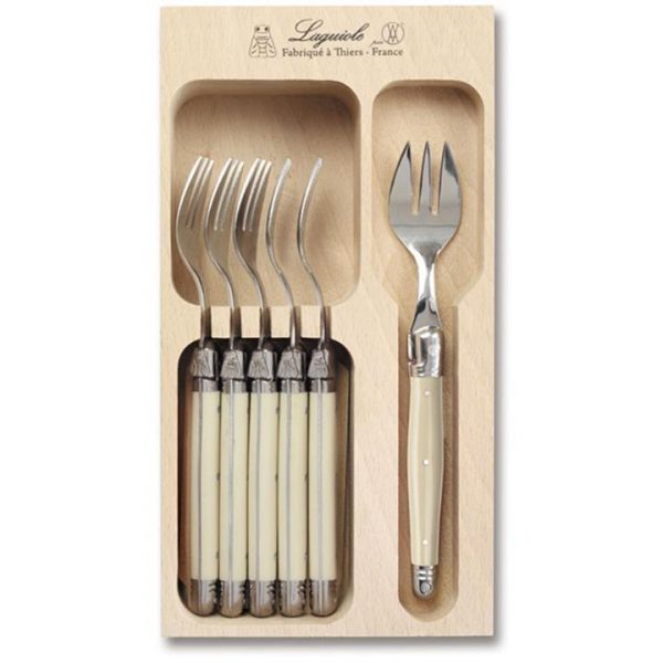Kitchen Style - Laguiole Andre Verdier Debutant 6 piece cake fork Set in wooden box Ivory - Cutlery Set