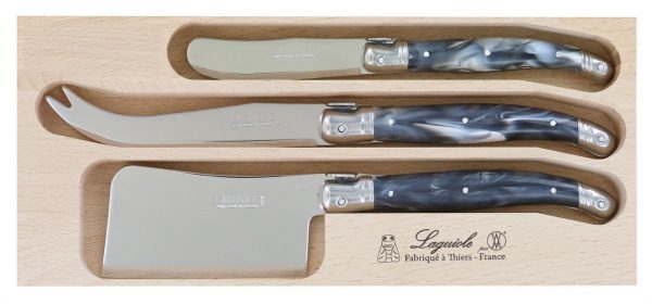 Kitchen Style - Laguiole Andre Verdier Debutant Cheese Knife Set 3 Piece Marbled Grey - Cutlery Set