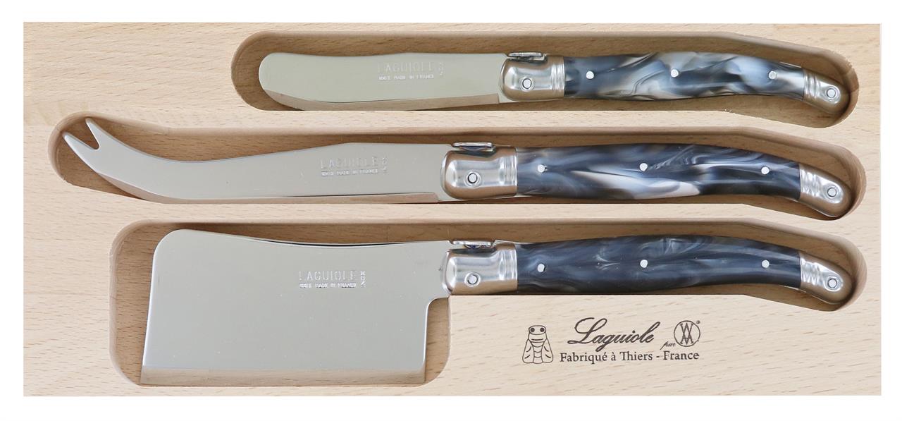 Laguiole Andre Verdier Debutant Cheese Knife Set 3 Piece Marbled Grey