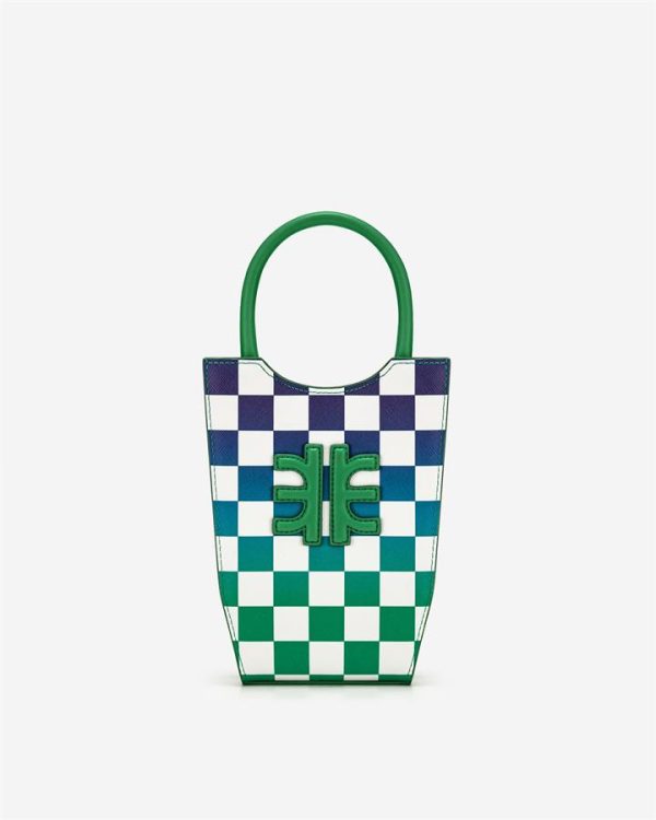 JW PEI - FEI Gradient Checkerboard Mini Tote Bag - Grass Green & Dark Blue - Fashion Women Vegan Bag - Apparel & Accessories > Handbags