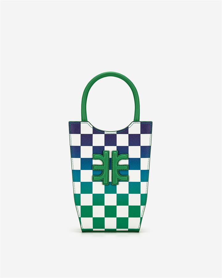 FEI Gradient Checkerboard Mini Tote Bag – Grass Green & Dark Blue – Fashion Women Vegan Bag