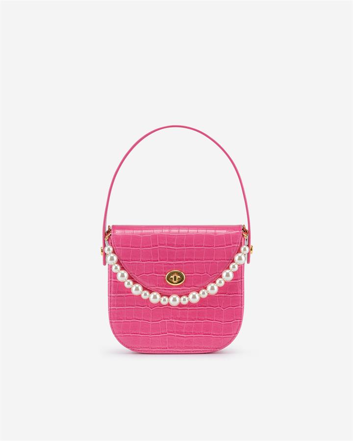 Kate Faux Pearl Bag – Pink Croc – Fashion Women Vegan Bag