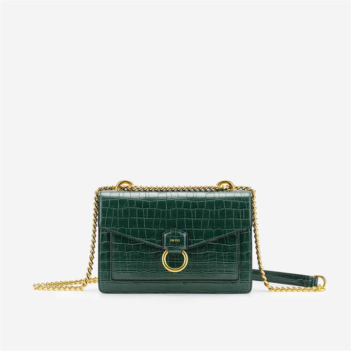 The Envelope Chain Crossbody – Dark Green Croc – Fashion Women Vegan Bag