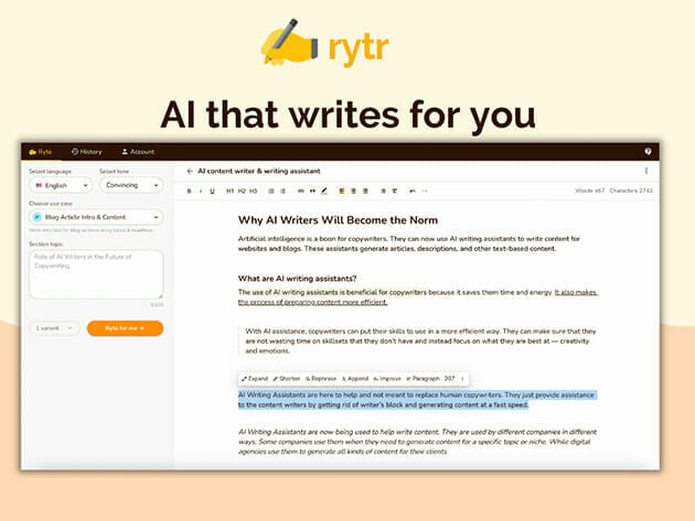 Rytr AI Writing Tool: Lifetime Subscription + $20 Store Credit for $75