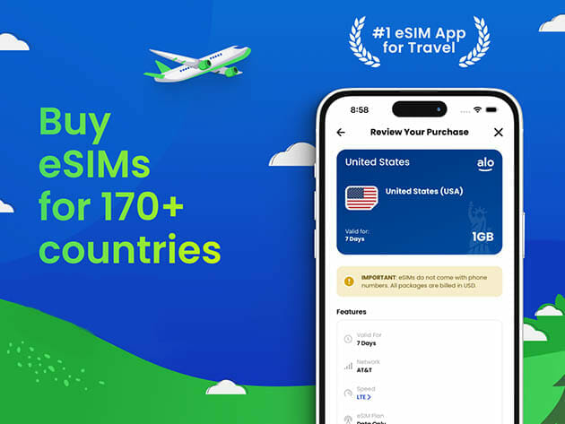 aloSIM Mobile Data Traveler Lifetime eSim Plan: Pay $25 for $50 Credit for $24