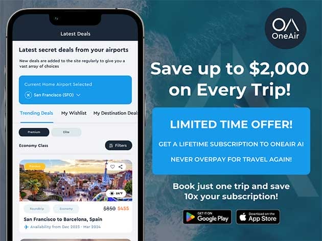 OneAir Elite Plan: Lifetime Subscription (Save on Business, First, Premium Class Flights, Hotels & More!) for $99